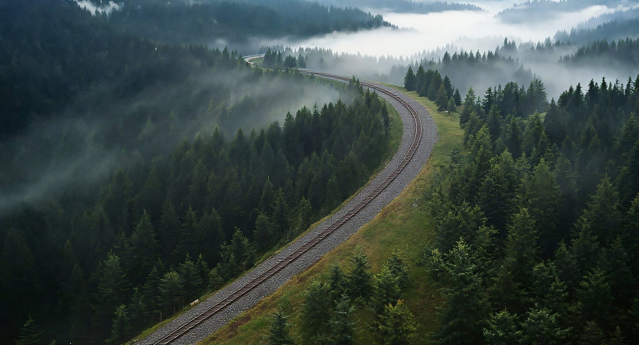 Aerial view of a railway curving through misty evergreen forest