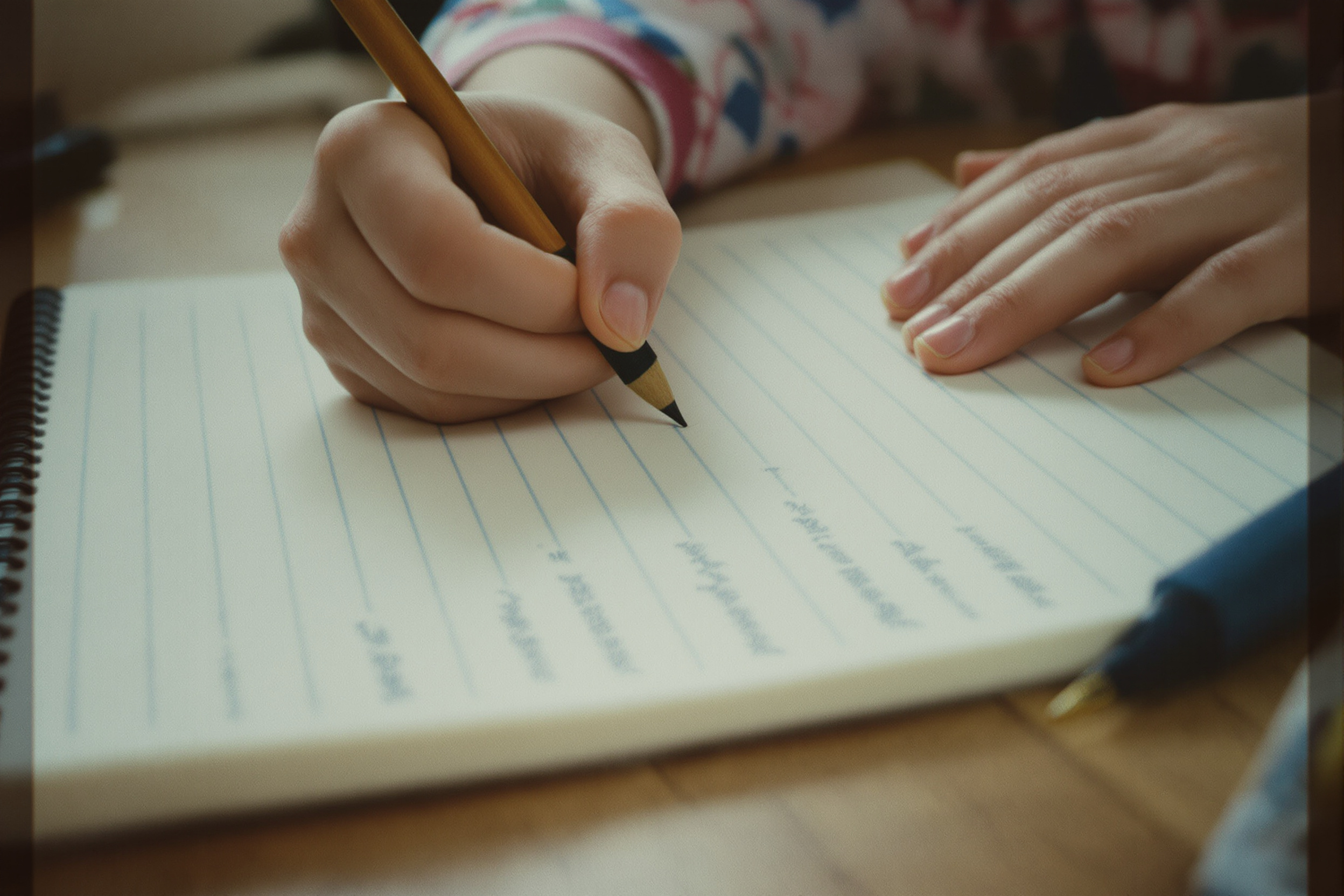 A hand writing with a pencil in a lined notebook