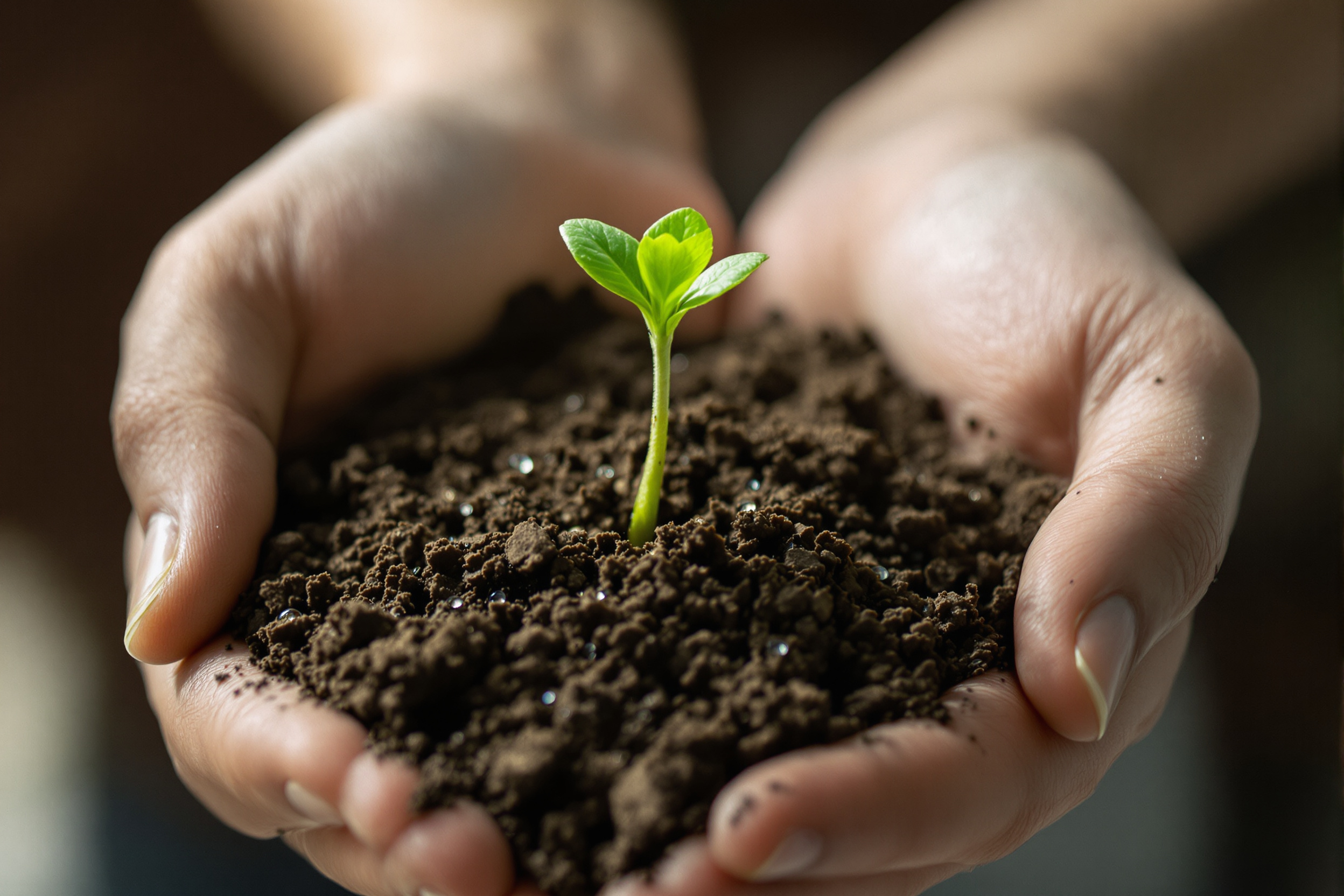 Cupped hands holding soil with a green seedling growing from it