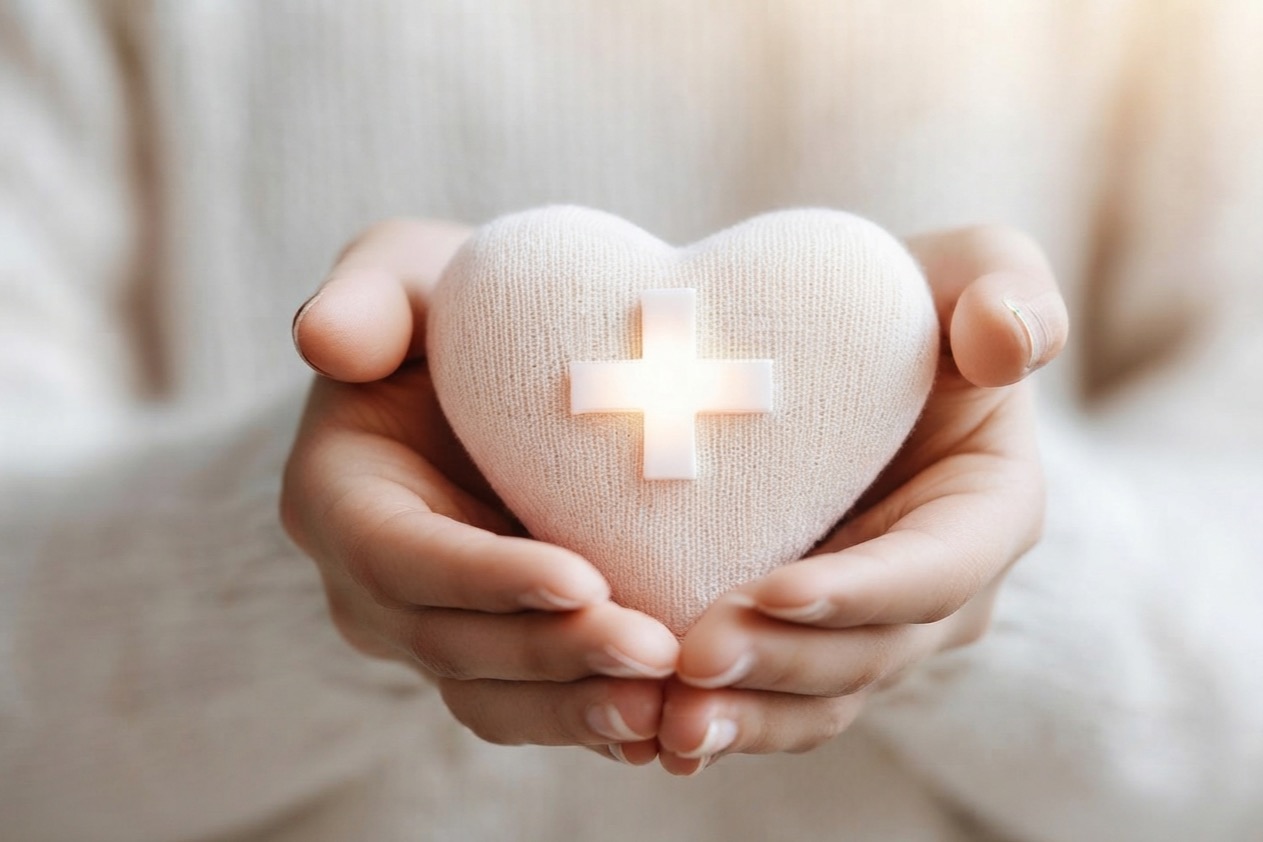 Cupped hands holding a soft knitted heart marked with a white medical cross